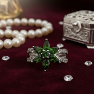 Green Emerald with double  band of cz Flower Ring stamped 925